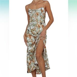 silk satin cowl midi dress with a slit, floral green tan, hello Molly